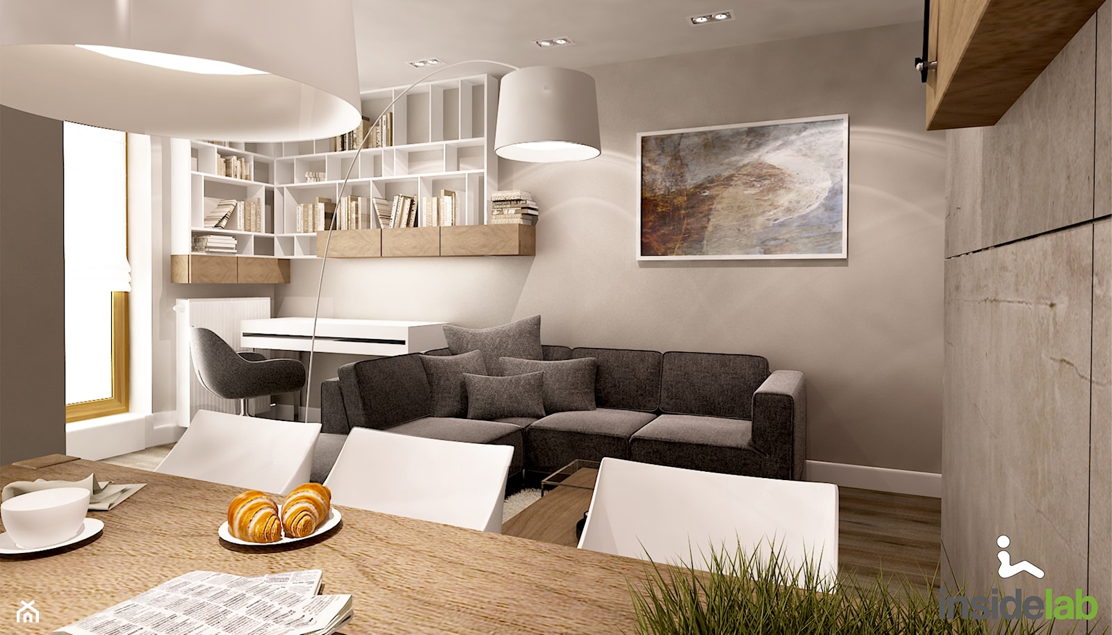 Apartament w wielu odcieniach szarości - Mały beżowy biały salon z jadalnią, styl nowoczesny - zdjęcie od Insidelab - Homebook