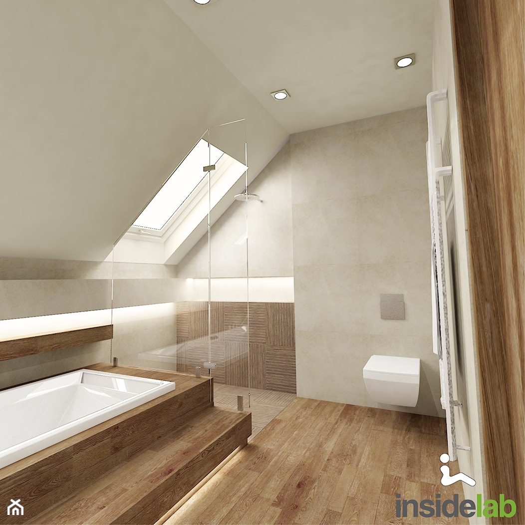 DOM Z KOMINKIEM - Średnia na poddaszu łazienka z oknem, styl nowoczesny - zdjęcie od Insidelab - Homebook