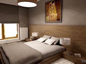 Apartament w wielu odcieniach szarości - Średnia brązowa sypialnia z balkonem / tarasem, styl nowoczesny - zdjęcie od Insidelab
