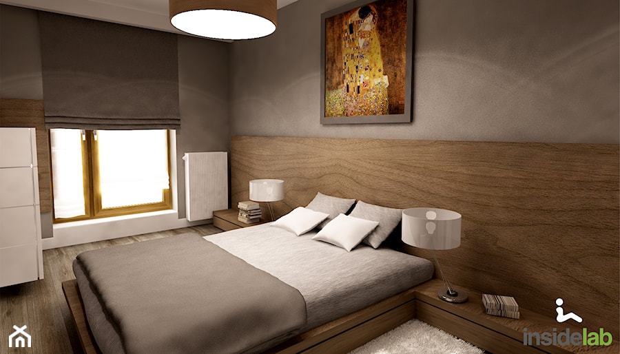 Apartament w wielu odcieniach szarości - Średnia brązowa sypialnia z balkonem / tarasem, styl nowoczesny - zdjęcie od Insidelab