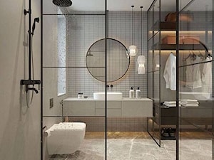 Łazienka - Średnia z lustrem z marmurową podłogą z punktowym oświetleniem łazienka z oknem, styl industrialny - zdjęcie od IN360.PL specjaliści wyposażenia łazienek i wnętrz