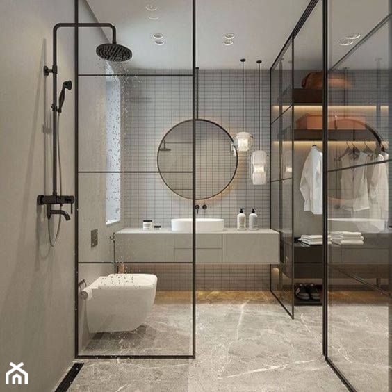 Łazienka - Średnia z lustrem z marmurową podłogą z punktowym oświetleniem łazienka z oknem, styl industrialny - zdjęcie od IN360.PL specjaliści wyposażenia łazienek i wnętrz