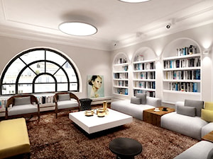 apartament 1 - Duży biały szary salon z bibiloteczką, styl nowoczesny - zdjęcie od Marzena Podleśna