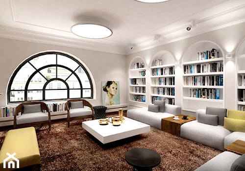 apartament 1 - Duży biały szary salon z bibiloteczką, styl nowoczesny - zdjęcie od Marzena Podleśna