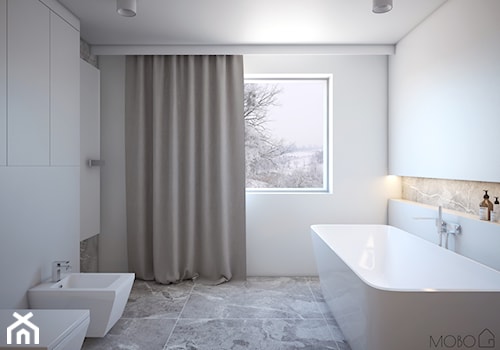 Minimalistyczna łazienka - Średnia z punktowym oświetleniem łazienka z oknem, styl minimalistyczny - zdjęcie od MOBO
