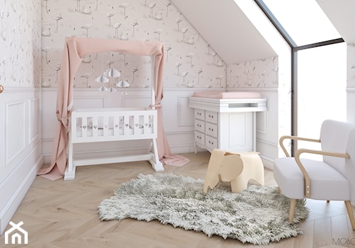 Miedziany akcent - Mały biały różowy pokój dziecka dla niemowlaka dla dziewczynki, styl skandynawski - zdjęcie od MOBO