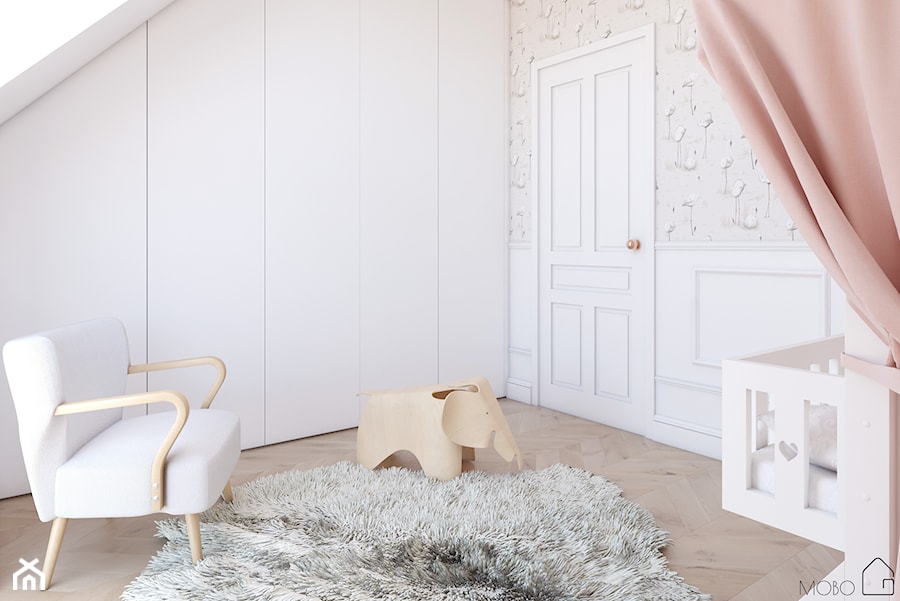 Miedziany akcent - Średni biały różowy pokój dziecka dla niemowlaka dla dziewczynki, styl skandynawski - zdjęcie od MOBO