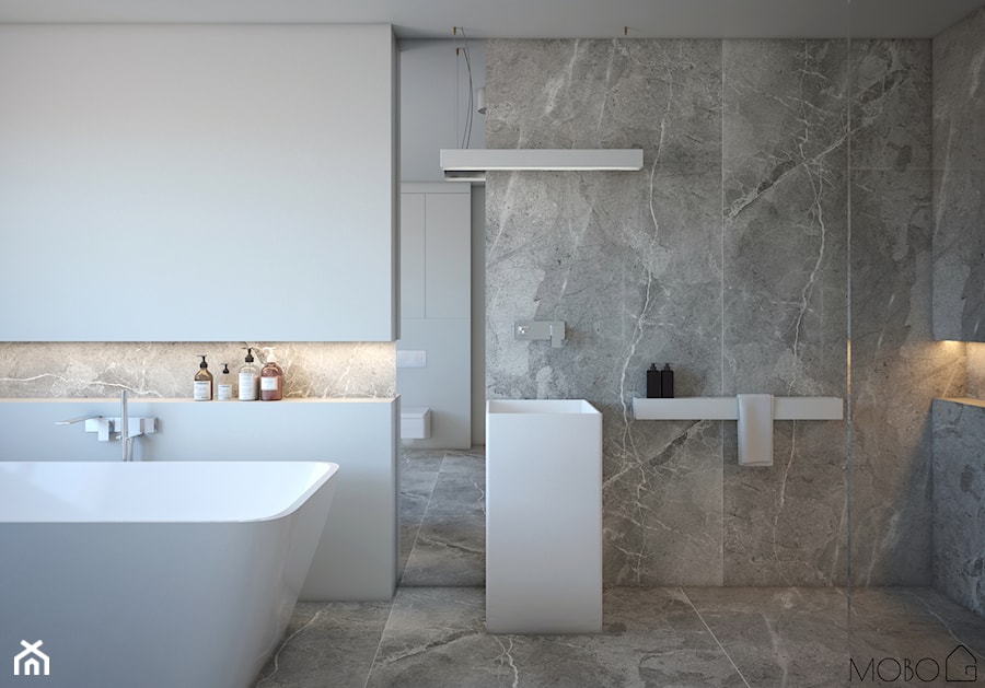 Minimalistyczna łazienka - Średnia bez okna z lustrem z marmurową podłogą z punktowym oświetleniem łazienka, styl minimalistyczny - zdjęcie od MOBO