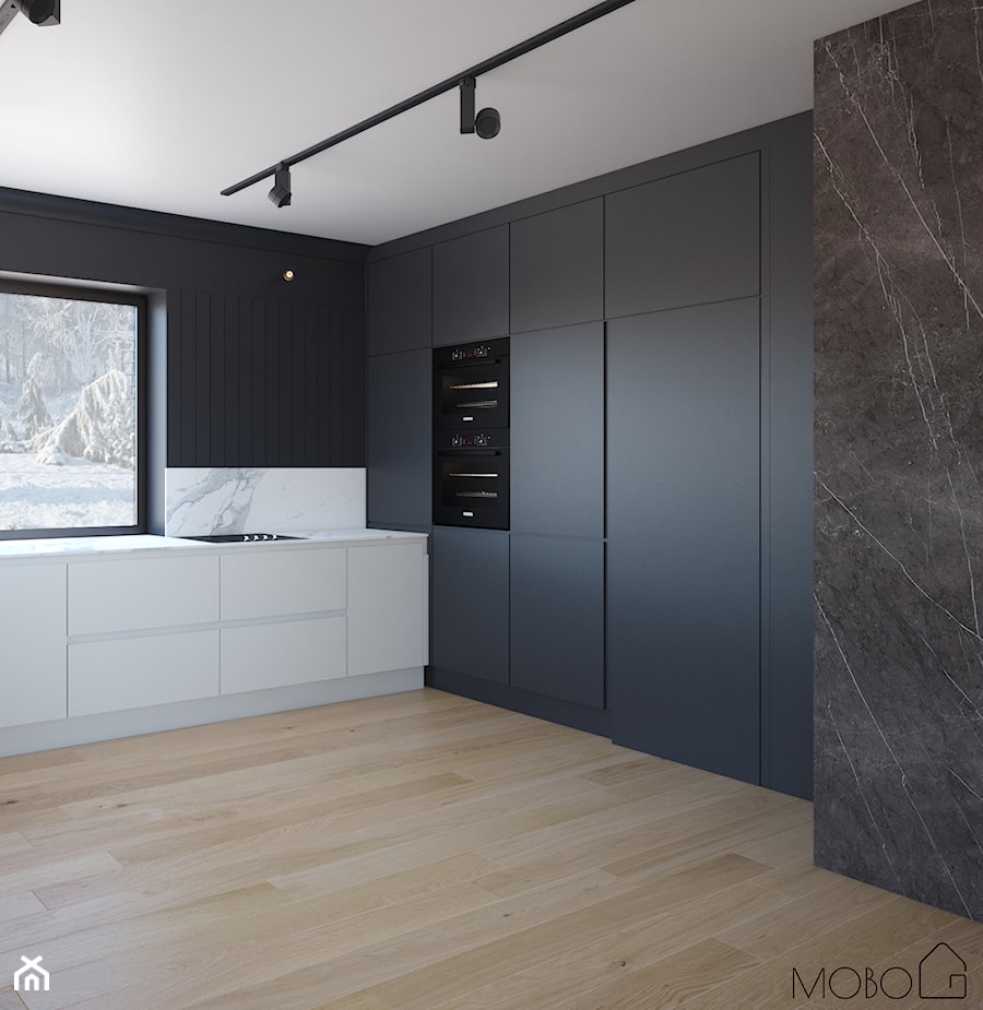 Dom pod Szczecinem - Duża otwarta czarna z zabudowaną lodówką kuchnia w kształcie litery l z oknem z marmurem nad blatem kuchennym, styl nowoczesny - zdjęcie od MOBO