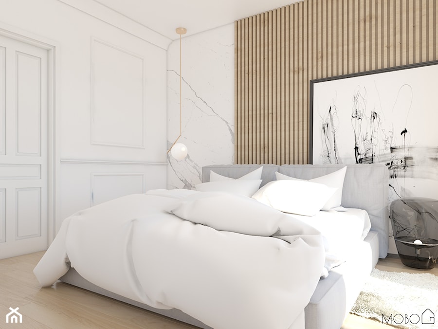 Miedziany akcent - Mała biała sypialnia, styl nowoczesny - zdjęcie od MOBO