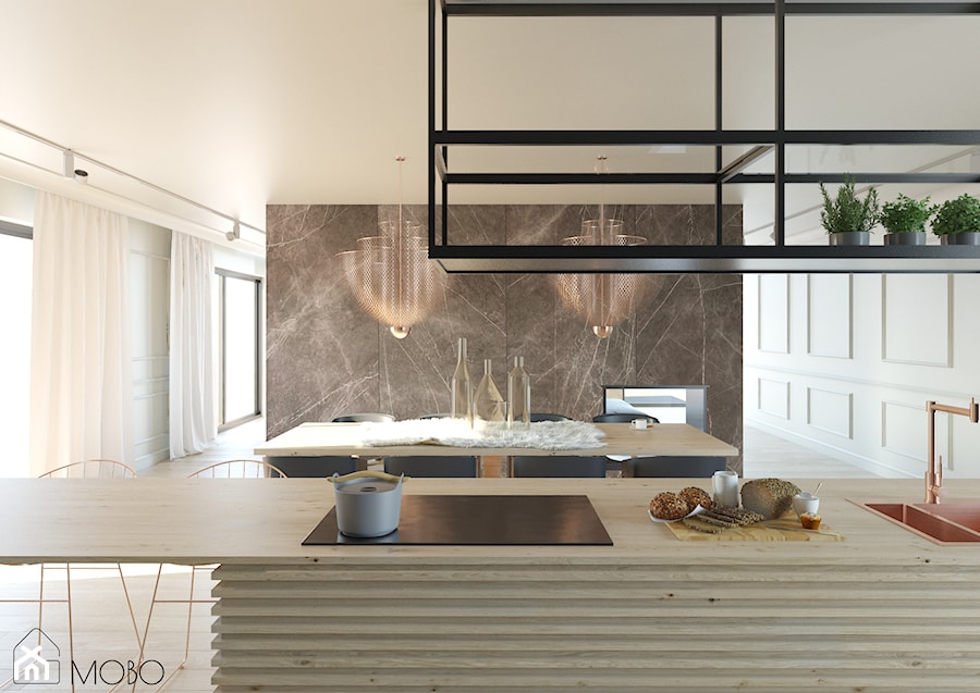 Miedziany akcent - Duża biała jadalnia w kuchni, styl nowoczesny - zdjęcie od MOBO