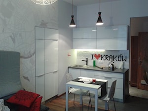 I Love Kraków - Mała otwarta z salonem biała z zabudowaną lodówką z podblatowym zlewozmywakiem kuchnia jednorzędowa, styl nowoczesny - zdjęcie od Łania Meble