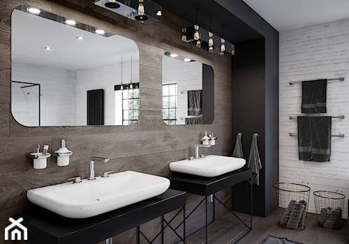 KLUDI AMEO - Średnia na poddaszu z dwoma umywalkami łazienka z oknem, styl industrialny - zdjęcie od KLUDI