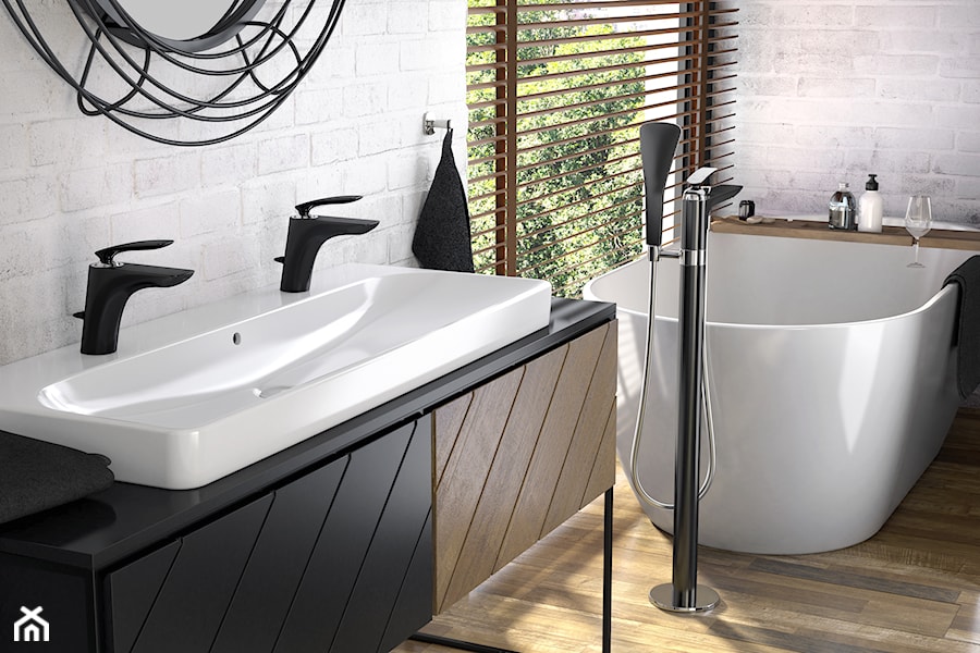 KLUDI BALANCE BLACK - Średnia z dwoma umywalkami łazienka z oknem, styl industrialny - zdjęcie od KLUDI
