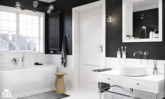 biała listwa w łazience czarne ściany styl eklektyczny