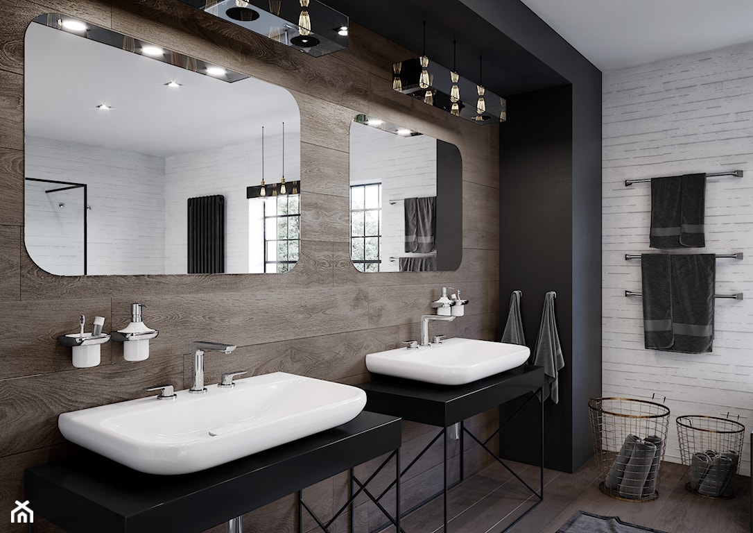 brązowa ściana w łazience z eleganckimi umywalkami