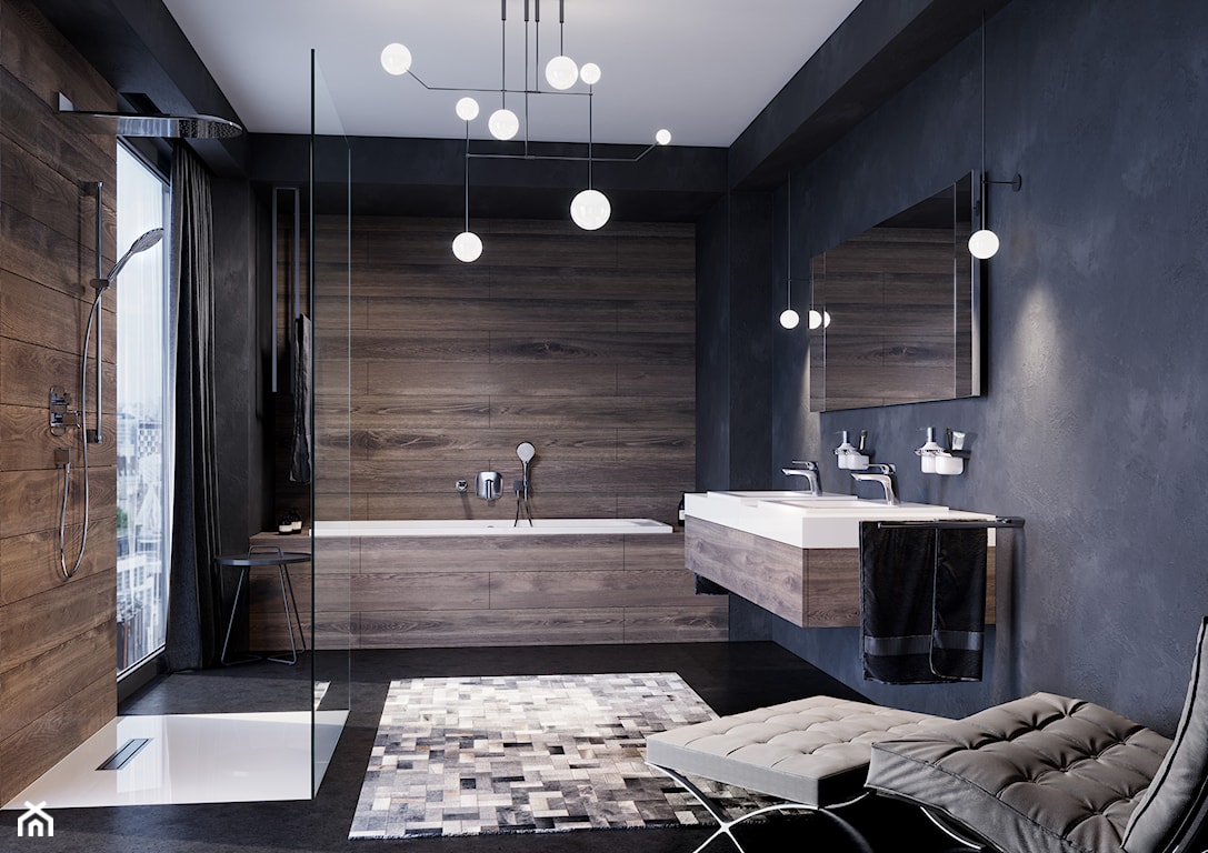 łazienka w stylu industrialnym, płytki łazienkowe imitujące drewno, czarne ściany w łazience