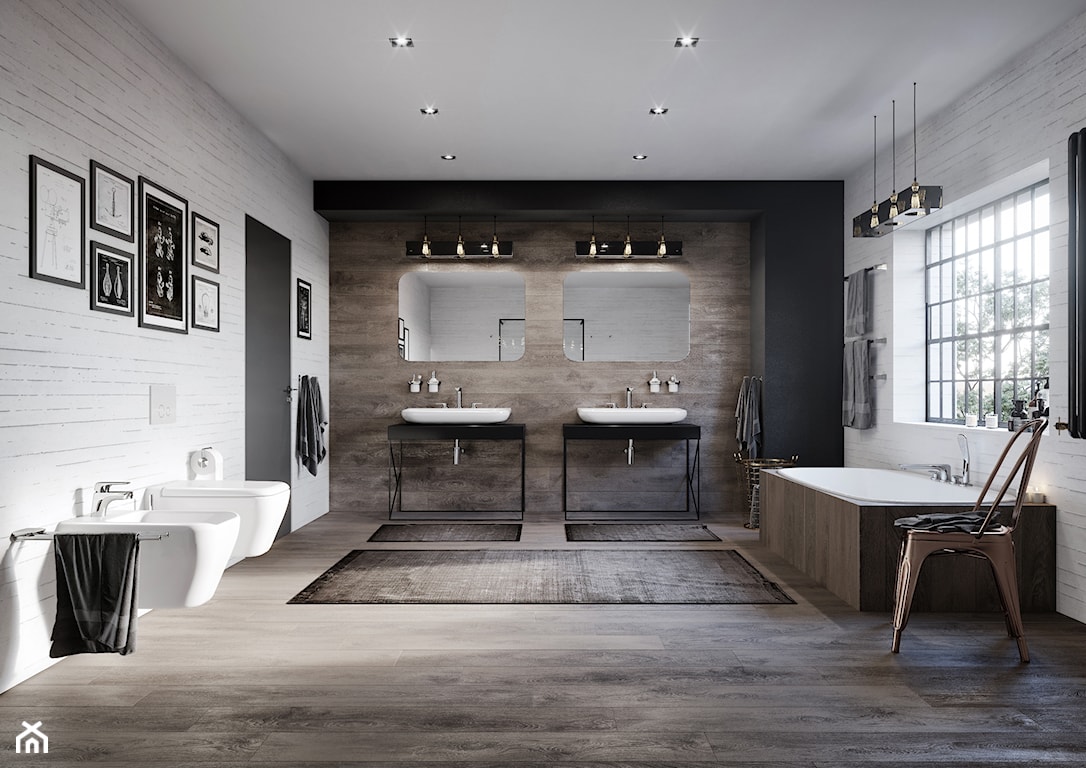 łazienka z bidetem w stylu industrialnym, płytki łazienkowe imitujące drewno