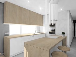 Wnętrz mieszkania w Katowicach - Średnia otwarta szara z zabudowaną lodówką kuchnia w kształcie litery l z wyspą lub półwyspem z oknem, styl skandynawski - zdjęcie od Manufaktura Studio grupa projektowa