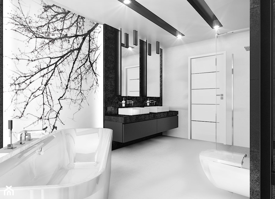 Czarno na białym - Średnia bez okna z dwoma umywalkami łazienka, styl minimalistyczny - zdjęcie od Manufaktura Studio grupa projektowa