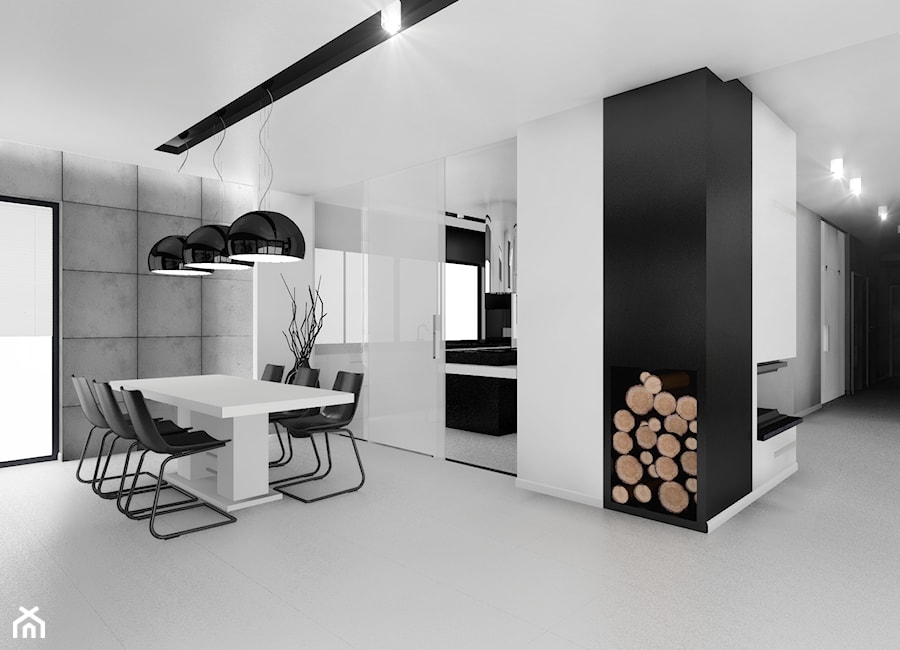 Czarno na białym - Średnia biała czarna jadalnia w salonie, styl minimalistyczny - zdjęcie od Manufaktura Studio grupa projektowa