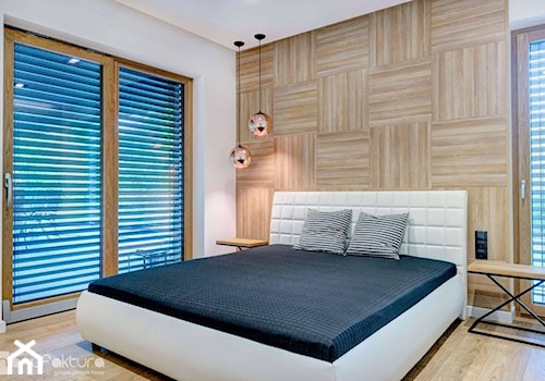Realizacja - dom jednorodzinny Rybnik - Duża biała sypialnia, styl nowoczesny - zdjęcie od Manufaktura Studio grupa projektowa