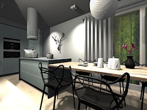 Kuchnia z wyspą w apartamentowcu. - Średnia otwarta z kamiennym blatem szara z zabudowaną lodówką kuchnia jednorzędowa z wyspą lub półwyspem z oknem, styl minimalistyczny - zdjęcie od BiZ Art