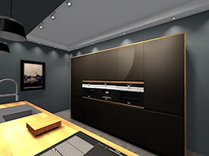 Kuchnia w apartamencie, otwarta na pokój. - Średnia zamknięta czarna z zabudowaną lodówką z nablatowym zlewozmywakiem kuchnia dwurzędowa, styl minimalistyczny - zdjęcie od BiZ Art