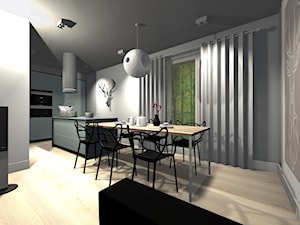 Kuchnia z wyspą w apartamentowcu. - Średnia otwarta z kamiennym blatem szara z zabudowaną lodówką kuchnia jednorzędowa z wyspą lub półwyspem z oknem, styl minimalistyczny - zdjęcie od BiZ Art
