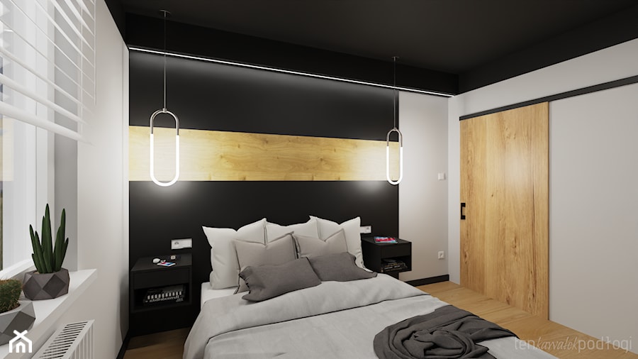 Mieszkanie z elementami czerni i naturalnego drewna - Sypialnia, styl nowoczesny - zdjęcie od Ten kawałek podłogi