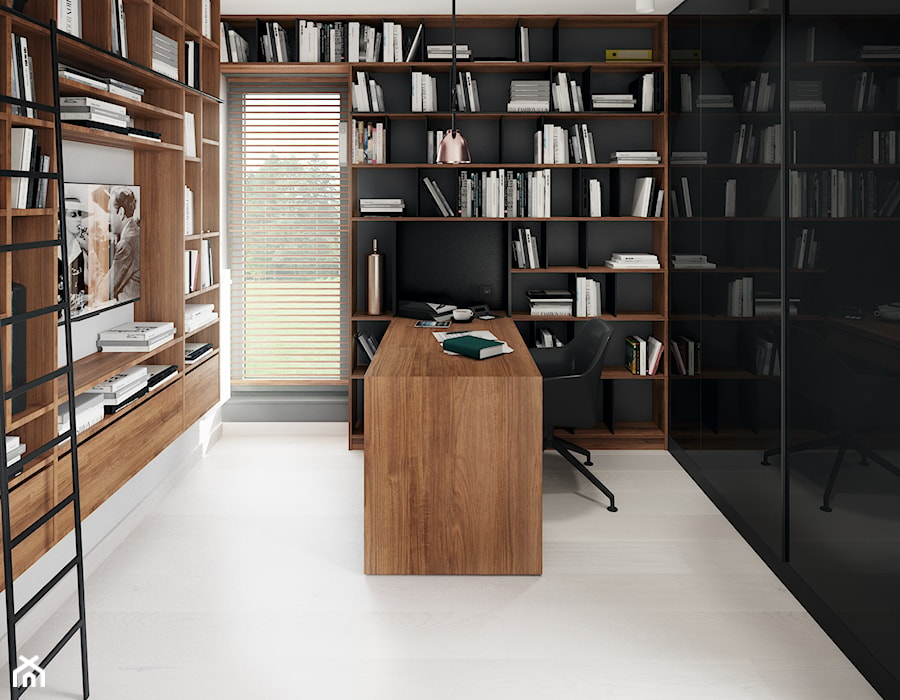 Gabinet z obszerną zabudową na książki i dużą szafą. - zdjęcie od Mohav Design