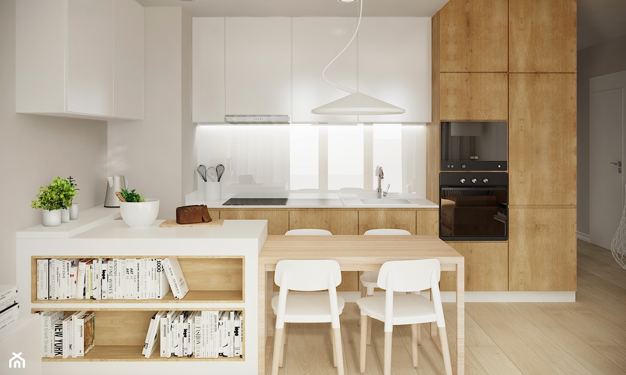 aneks kuchenny w stylu nowoczesnym, biała lampa wisząca, minimalistyczna kuchnia