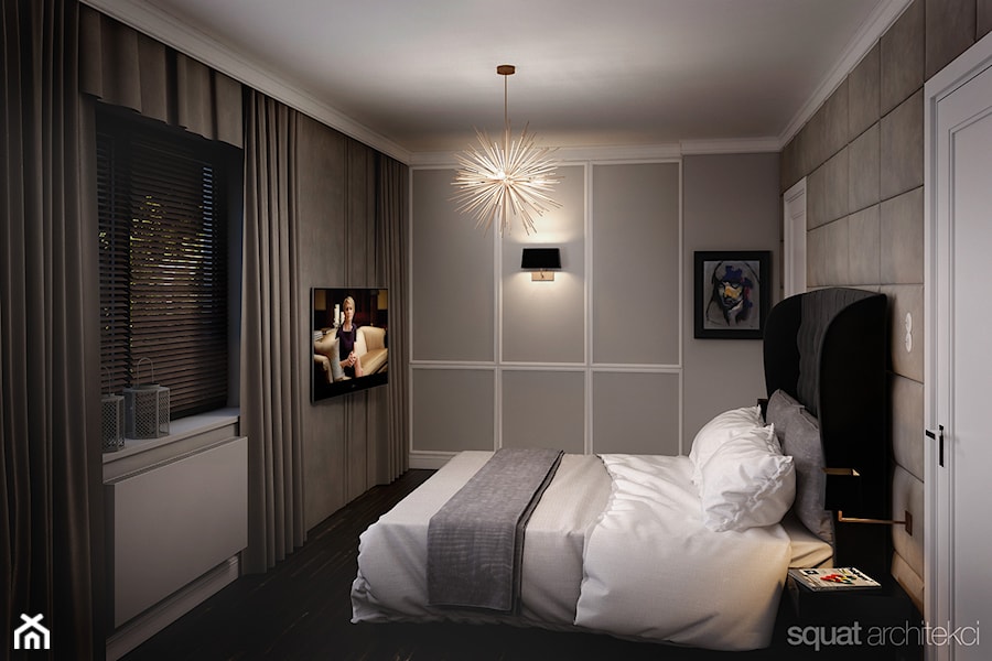 DOM W WARSZAWIE - Średnia beżowa biała szara sypialnia, styl glamour - zdjęcie od squat architekci
