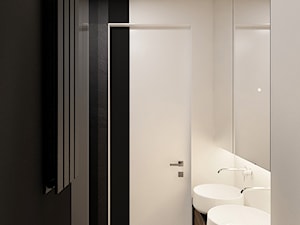 MIESZKANIE W ŁODZI 55m2 - Mała na poddaszu bez okna z lustrem z dwoma umywalkami z punktowym oświetleniem łazienka, styl minimalistyczny - zdjęcie od squat architekci
