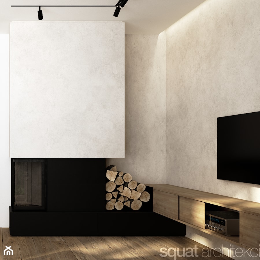 strefa tv i kominka w pokoju dziennym - zdjęcie od squat architekci