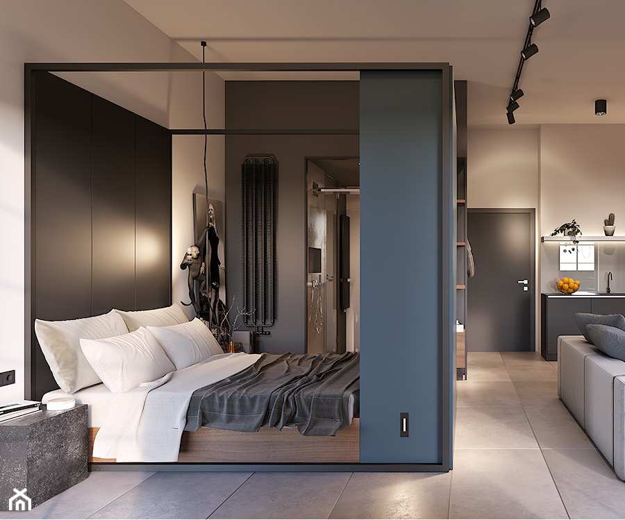 Projekt Loftu - Mała biała niebieska sypialnia z łazienką, styl industrialny - zdjęcie od Piotr Bileński