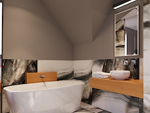 Projekt Wnętrz i Elewacji Hotelu - Mała na poddaszu z lustrem z marmurową podłogą z punktowym oświetleniem łazienka z oknem, styl nowoczesny - zdjęcie od Piotr Bileński