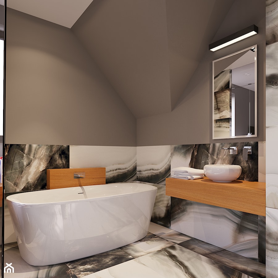 Projekt Wnętrz i Elewacji Hotelu - Mała na poddaszu z lustrem z marmurową podłogą z punktowym oświetleniem łazienka z oknem, styl nowoczesny - zdjęcie od Piotr Bileński