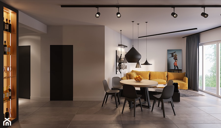 Mieszkanie 1 - Duży szary salon z jadalnią, styl nowoczesny - zdjęcie od Piotr Bileński