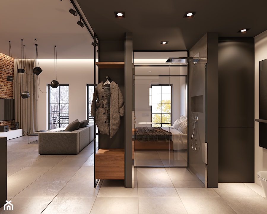 Projekt Loftu - Średnia z punktowym oświetleniem łazienka z oknem, styl industrialny - zdjęcie od Piotr Bileński