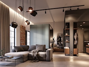 Projekt Loftu - Duży szary salon, styl industrialny - zdjęcie od Piotr Bileński