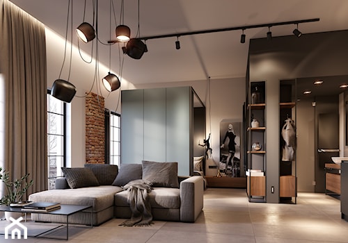 Projekt Loftu - Duży szary salon, styl industrialny - zdjęcie od Piotr Bileński