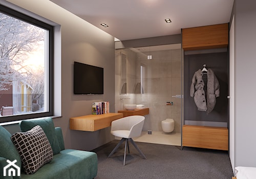 Projekt Wnętrz i Elewacji Hotelu - Średnia szara z biurkiem sypialnia z łazienką, styl nowoczesny - zdjęcie od Piotr Bileński