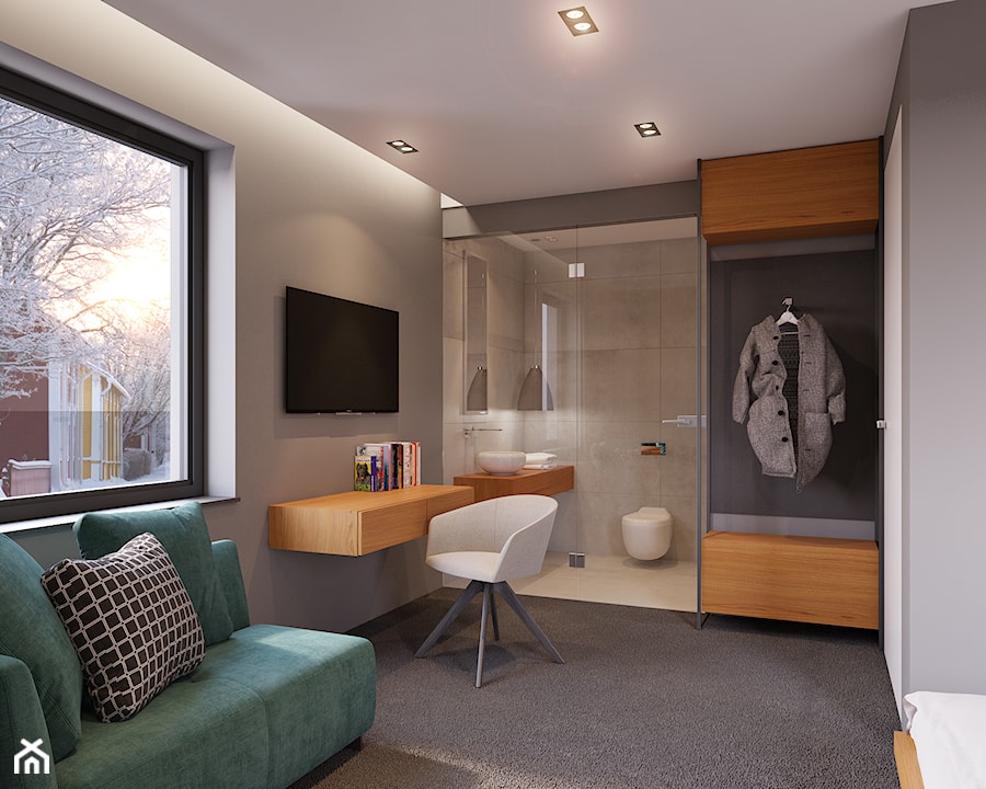 Projekt Wnętrz i Elewacji Hotelu - Średnia szara z biurkiem sypialnia z łazienką, styl nowoczesny - zdjęcie od Piotr Bileński
