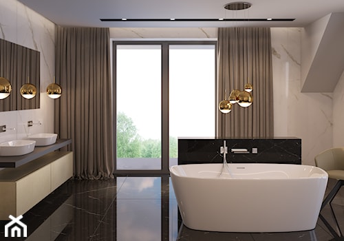 Dom 2 - Duża na poddaszu z lustrem z dwoma umywalkami z punktowym oświetleniem łazienka z oknem, styl nowoczesny - zdjęcie od Piotr Bileński