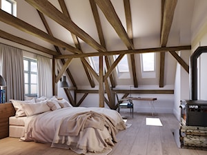 Dom na wsi - Duża biała z biurkiem sypialnia na poddaszu, styl rustykalny - zdjęcie od Piotr Bileński