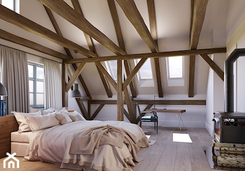 Dom na wsi - Duża biała z biurkiem sypialnia na poddaszu, styl rustykalny - zdjęcie od Piotr Bileński