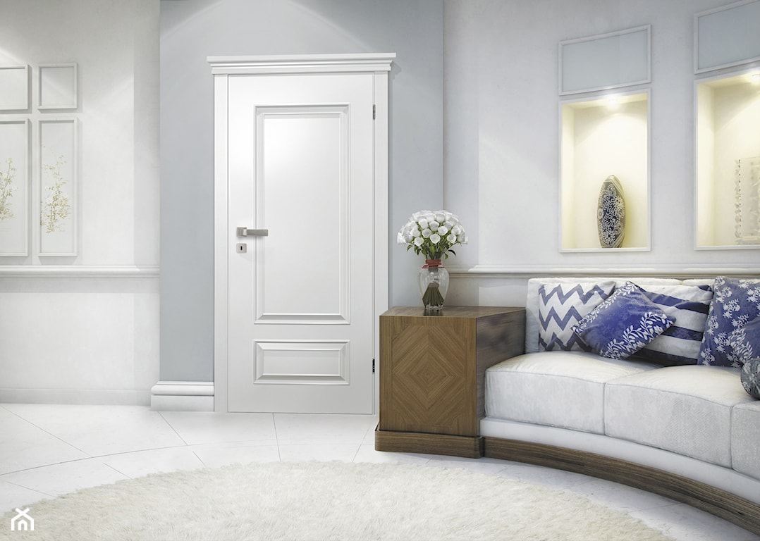 Białe drzwi z eleganckimi frezowaniami, klasyczne białe drzwi, białe drzwi wewnętrzne