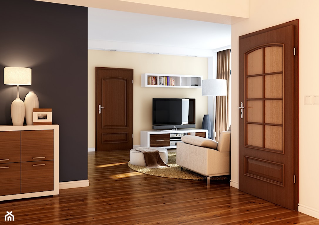 drzwi fornirowane w kolorze drewna, tradycyjny salon z drzwiami w kolorze drewna, klasyczne drzwi do salonu