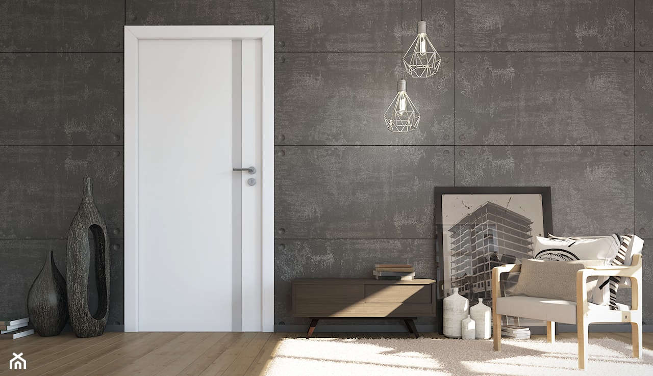 salon z betonem dekoracyjnym i białymi drzwiami, białe drzwi na tle betonowej ściany, beton dekoracyjny na ścianie